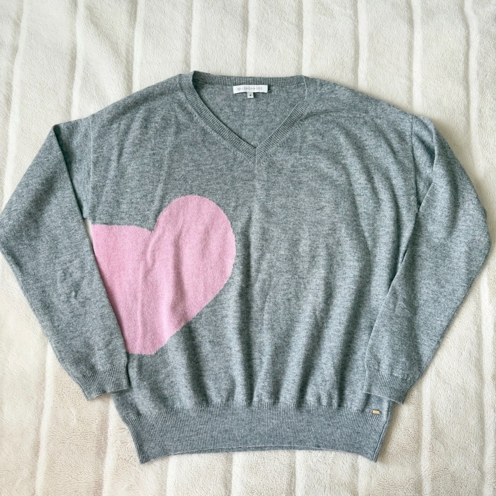 Lemonwood Heart Wool/Cashmere V-Neck Sweater Light Grey Pink Size Medium